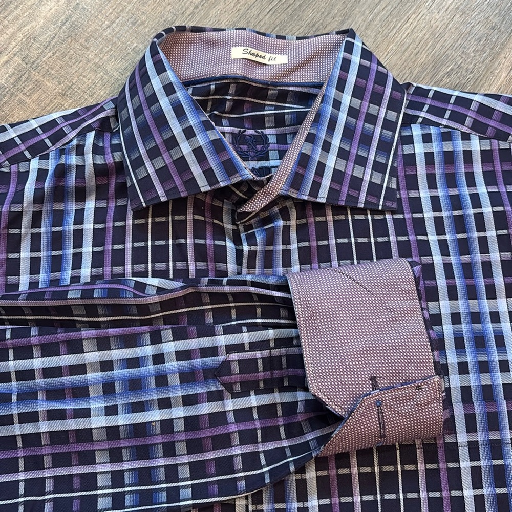 Bugatchi Men’s Size L Blue and Purple Casual Button Down Shirt Shaped Fit‎ - Picture 2 of 13